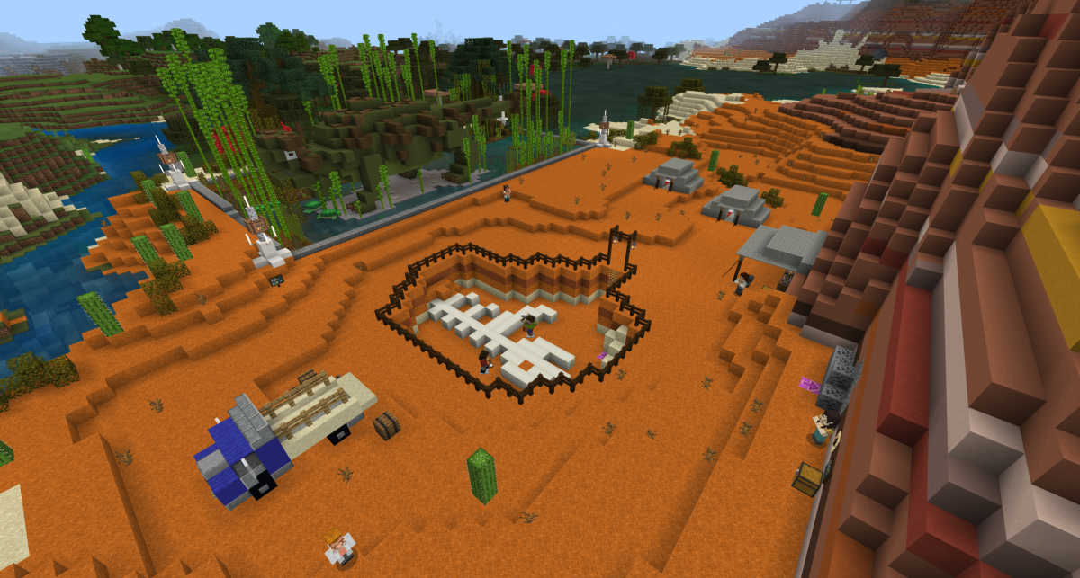 A Minecraft screenshot of a dinosaur dig site with exposed dinosaur fossil, tents, truck with crates, and a holographic recreation of an ankylosaur.