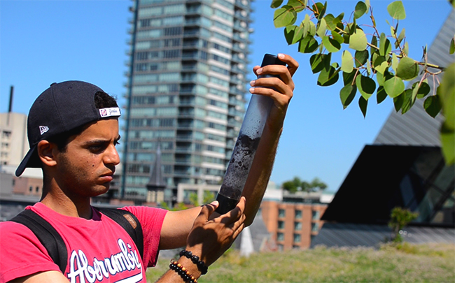 a male university student examines a tube of soil sampled from the ROM green roof
