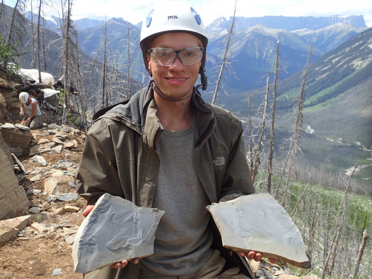 Man with goggles and a white helmet stands on a rocky mountaintop holding two pieces of fossilized rock. Bare trees and rocks are behind him, and a co-worker drills into a rock a few feet behind, and in the background is a range of sloping green mountains.