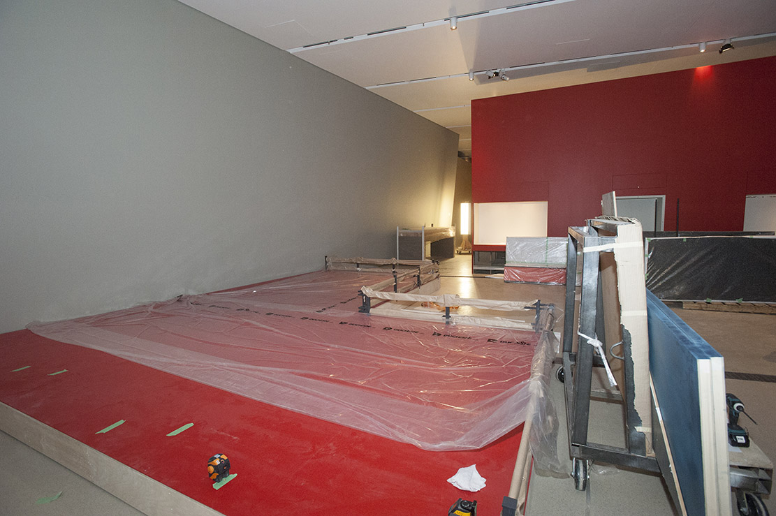 Installing Forbidden City Exhibition at the ROM, View of Red walls and plinth