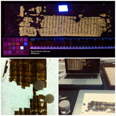 By using different photographic techniques, the surface details of the Egyptian papyrus, which is quite dark, becomes more legible. The fragile condition of the papyrus is most apparent when examined on a light table. Photos by Natasa Krsmanovic (top and bottom right) and Jaime Clifton-Ross (bottom left).
