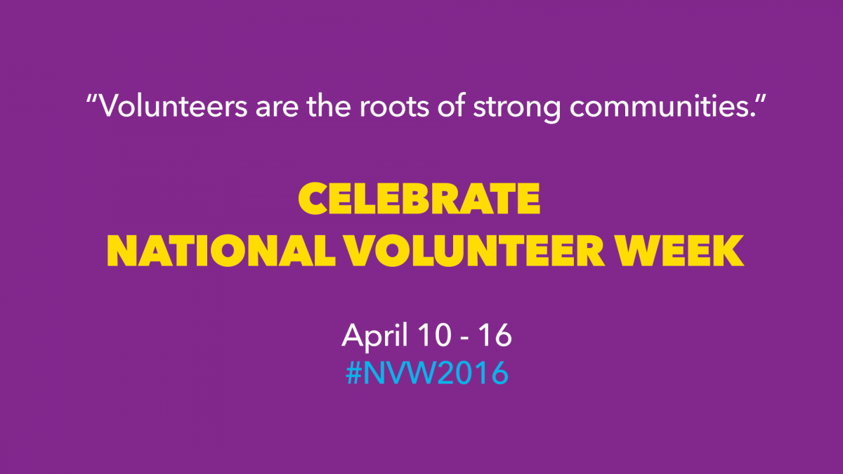 White text on purple background, celebrating National Volunteer Week 2016 on April 10 - 16.
